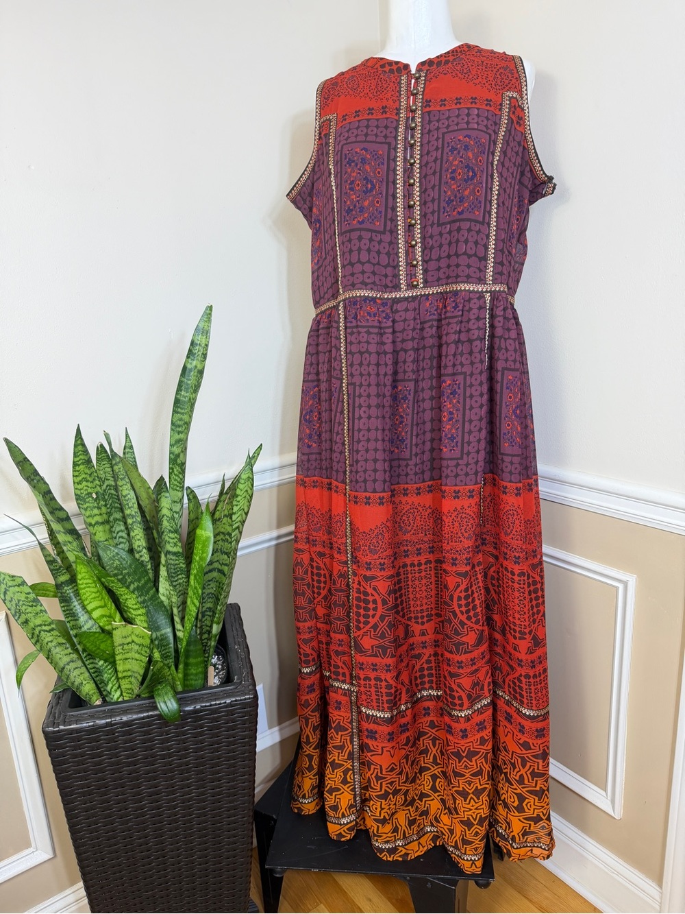 Jessica London Dress Maxi Purple Red India Print Lined Sleeveless w/ Pockets
